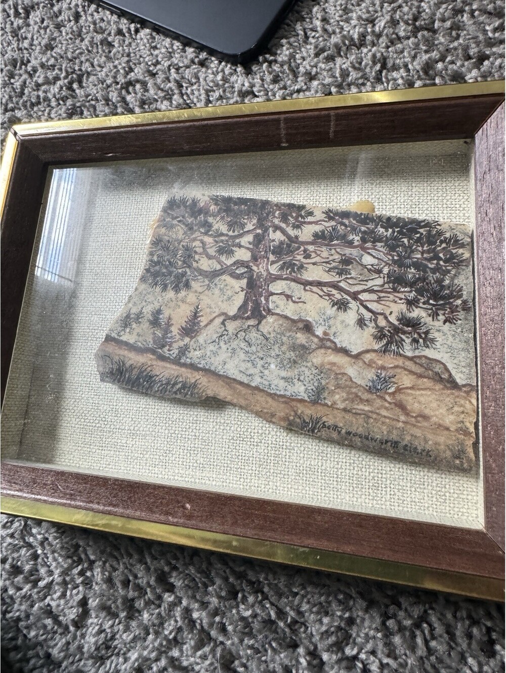 VTG Betty Woodworth Clark Painted Stone Art Rock Pine Tree Framed Shadow Box